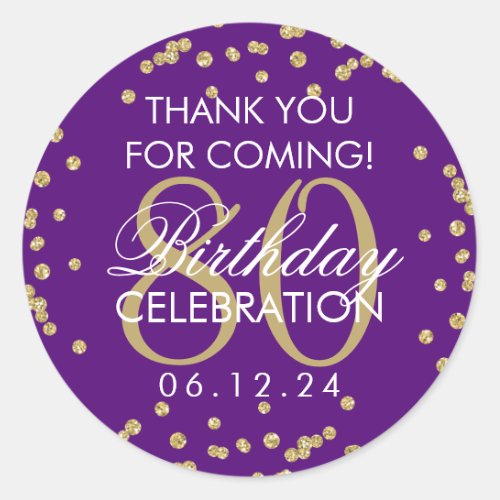 Gold Purple 80th Birthday Thank You Glitter Classic Round Sticker