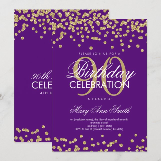 Gold Purple 90th Birthday Glitter Confetti Invitation (Front/Back)