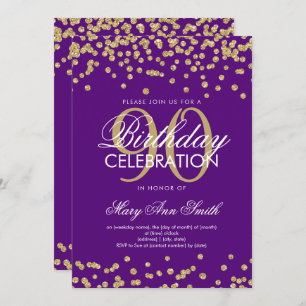 Gold Purple 90th Birthday Glitter Confetti Invitation