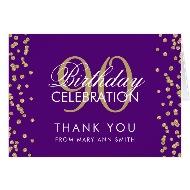 Gold Purple 90th Birthday Thank you Glitter (Front Horizontal)