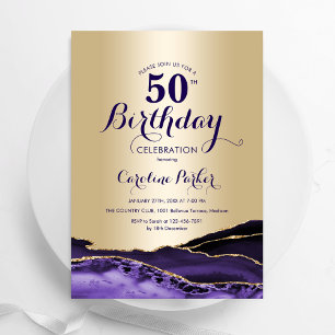 Gold Purple Agate 50th Birthday Invitation