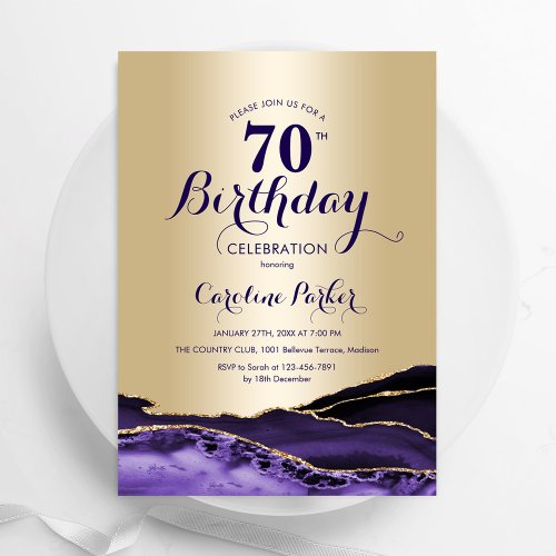 Gold Purple Agate 70th Birthday Invitation