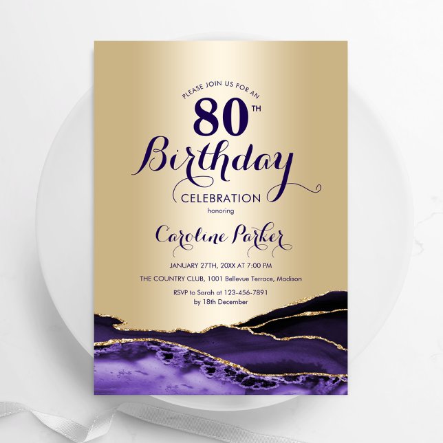 Gold Purple Agate 80th Birthday Invitation (Creator Uploaded)