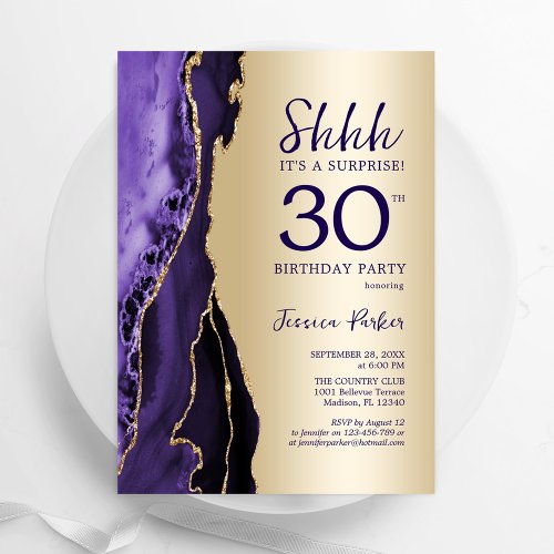 Gold Purple Agate Surprise 30th Birthday Invitation