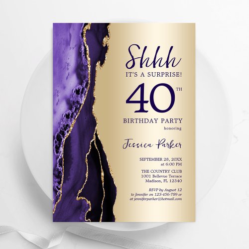 Gold Purple Agate Surprise 40th Birthday Invitation