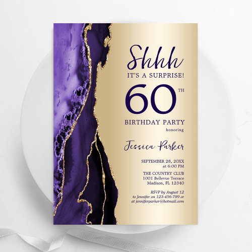 Gold Purple Agate Surprise 60th Birthday Invitation