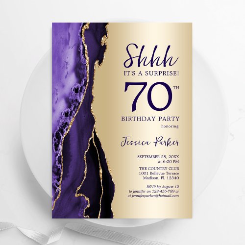 Gold Purple Agate Surprise 70th Birthday Invitation