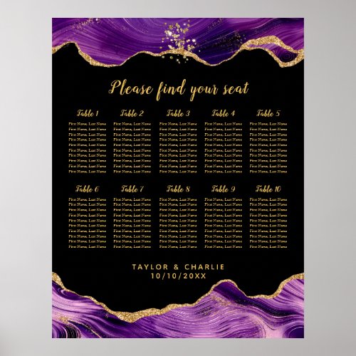 Gold Purple Agate Wedding 10 Table Seating Chart