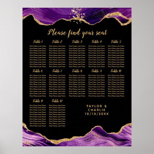 Gold Purple Agate Wedding 12 Table Seating Chart