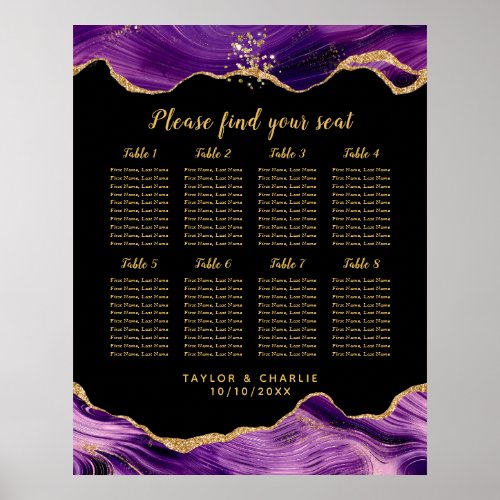 Gold Purple Agate Wedding 8 Tables Seating Chart