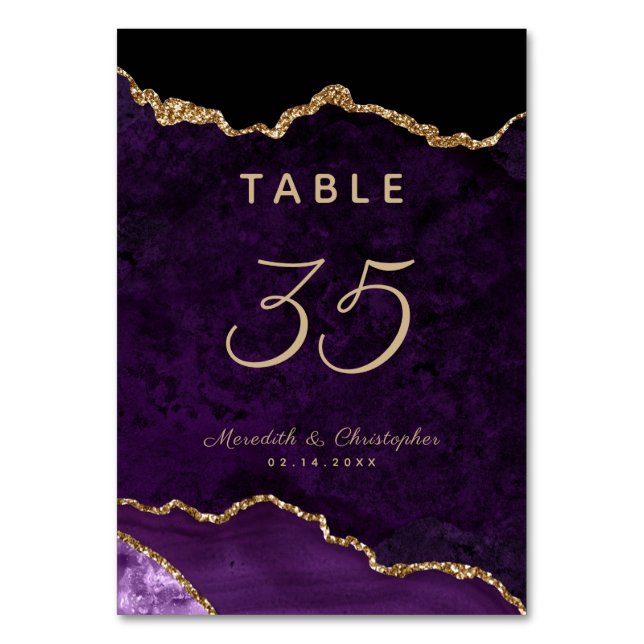 Gold Purple Agate Wedding Table Number (Front)
