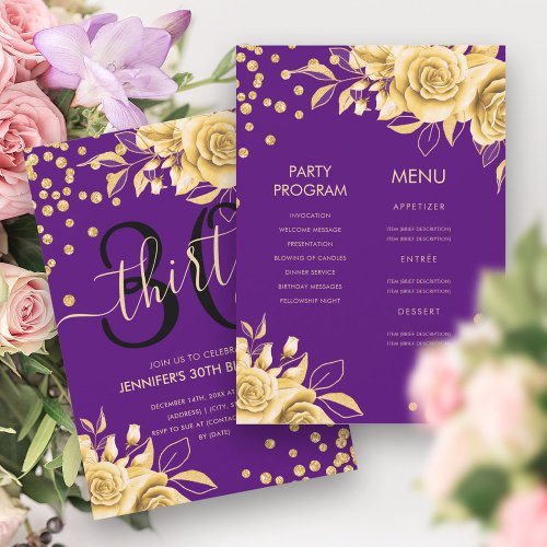 Gold Purple AllinOne Floral Glitter 30th Birthday  Invitation