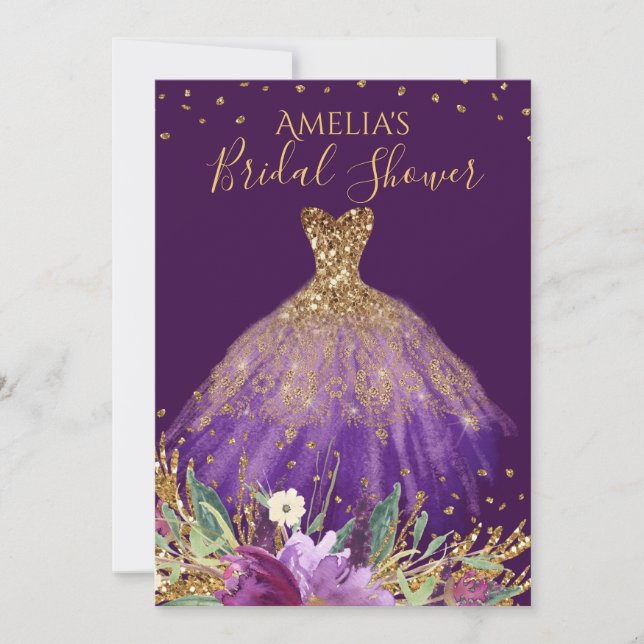 Gold Purple Amethyst Dress Bridal Shower Invite (Front)