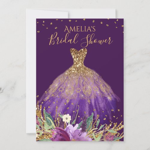 Gold Purple Amethyst Dress Bridal Shower Invite