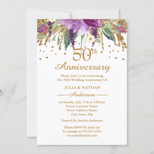 Gold Purple Amethyst Floral 50th Anniversary Invitation