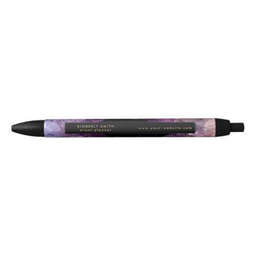 Gold purple amethyst gemstone mineral black ink pen