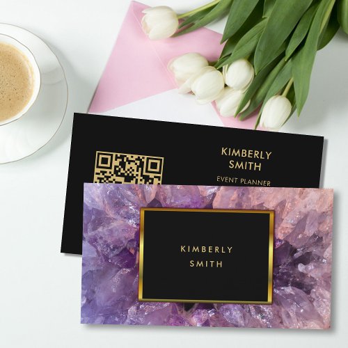 Gold purple amethyst gemstone QR code professional Business Card
