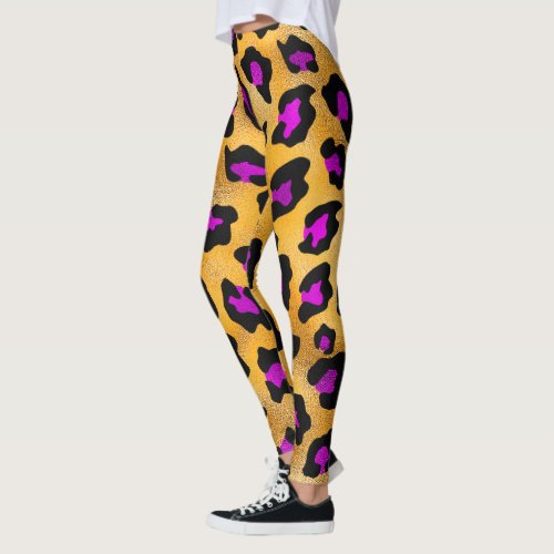 Gold Purple and Black Leopard Print Leggings