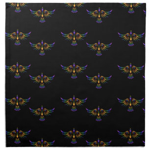 Gold, purple and green abstract bird on black cloth napkin