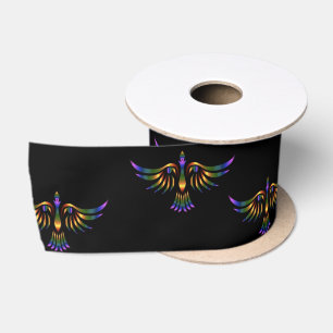 Gold, purple and green abstract bird on black satin ribbon