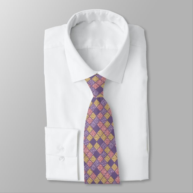 Gold Purple and Pink Glittery Sparkle New Years Neck Tie (Tied)