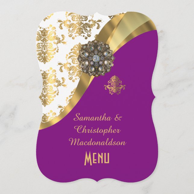 Gold, purple and white damask wedding menu (Front)