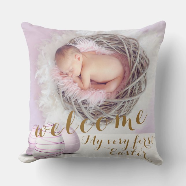 Gold Purple Announcement Welcome Pink Photo Easter Throw Pillow (Front)