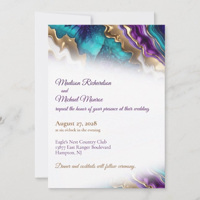 Gold Purple & Aqua Elegant Wedding Invitation (Front)