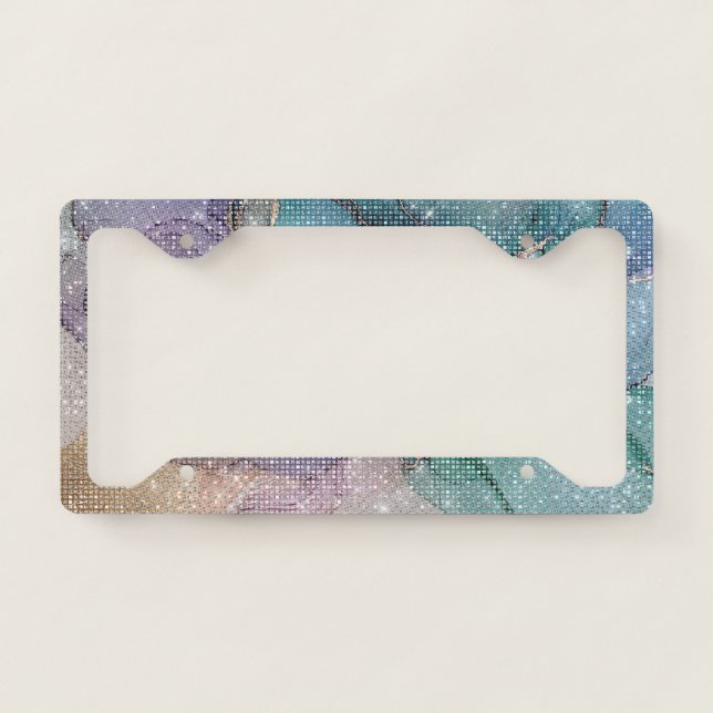 Gold Purple Aqua Flower Sparkle License Plate Frame (Front)