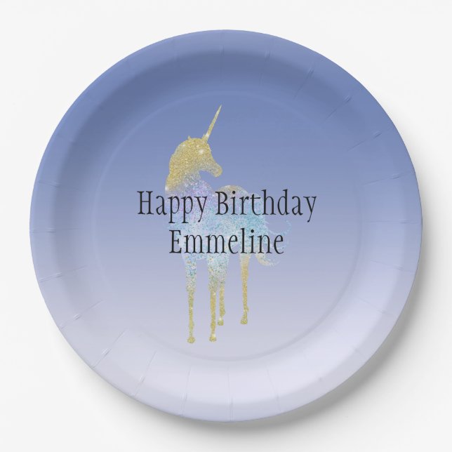 Gold Purple Aqua Glitter Unicorn   Paper Plates (Front)