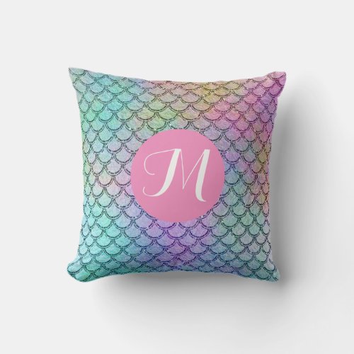 Gold Purple Aqua Pink Iridescent Mermaid Monogram Throw Pillow