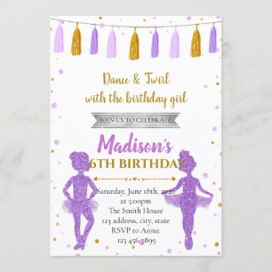 Gold purple ballerina party invitation