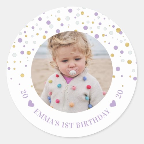 Gold  Purple Balloons  1st Birthday Party Photo Classic Round Sticker
