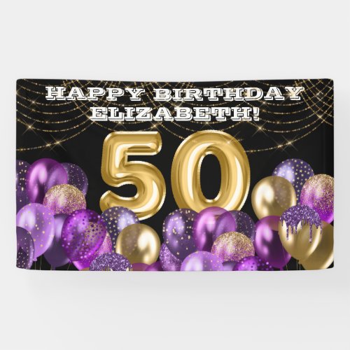 Gold Purple Balloons 50th Happy Birthday Banner