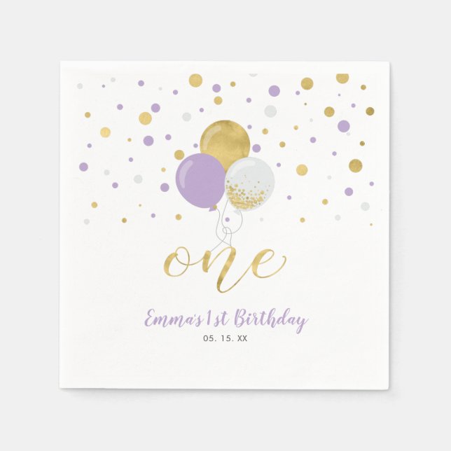 Gold & Purple Balloons, Confetti Girl 1st Birthday Napkins (Front)