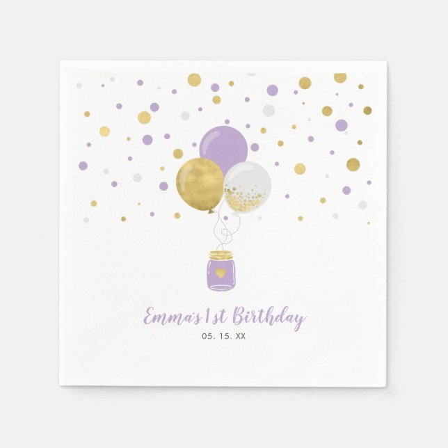 Gold & Purple Balloons & Confetti Girl Birthday Napkins (Front)
