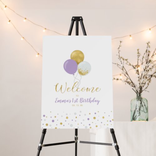 Gold  Purple Balloons  Girl 1st Birthday Welcome Foam Board