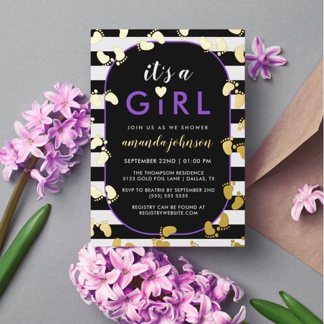 Gold Purple Black It's A Girl Baby Footprints Foil Invitation (Creator Uploaded)