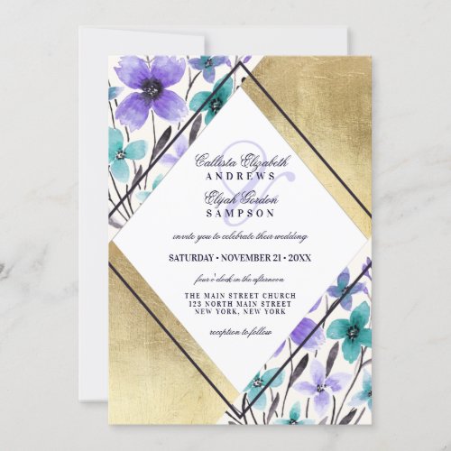 Gold Purple Black Teal Flower Watercolor Wedding Invitation