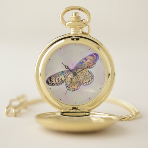 Gold Purple Blue Butterfly Pattern Pocket Watch