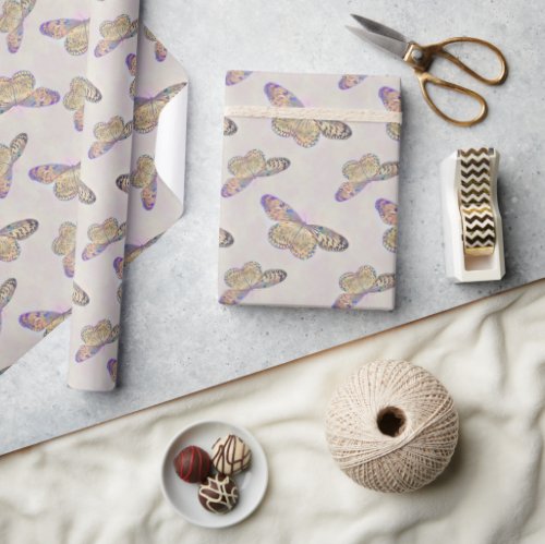 Gold Purple Blue Butterfly Pattern Wrapping Paper