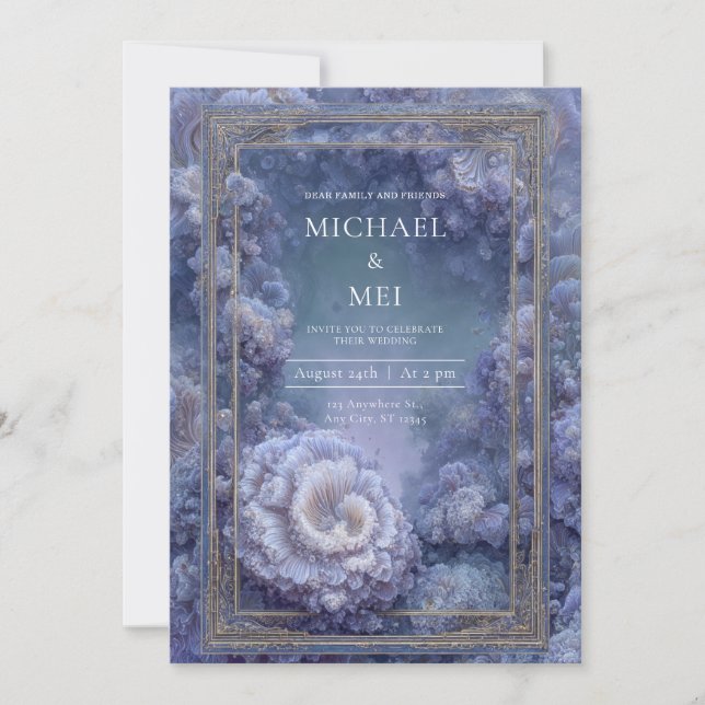 Gold Purple Blue Coral Kale Fantasy Wedding Invitation (Front)