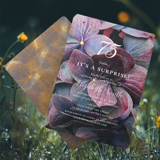 Gold Purple Blue Hydrangea Surprise 75th Birthday Invitation (Creator Uploaded)