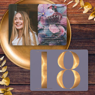 Gold Purple Blue Hydrangeas 18th Birthday Photo Invitation