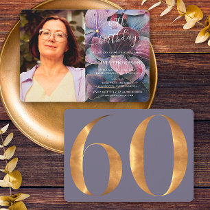 Gold Purple Blue Hydrangeas 60th Birthday Photo Invitation
