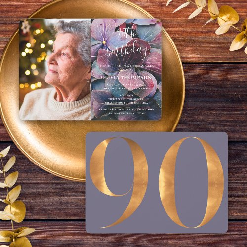 Gold Purple Blue Hydrangeas 90th Birthday Photo Invitation