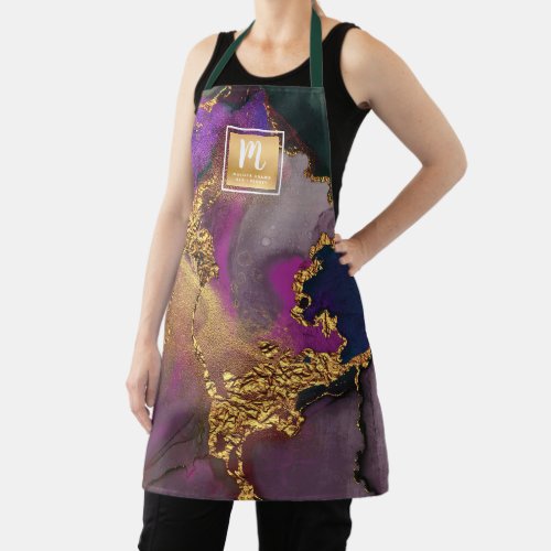 Gold purple blue salon monogram marble watercolor apron