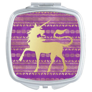 Gold & Purple Bohemian Pattern & Unicorn Compact Mirror