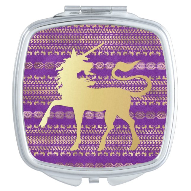 Gold & Purple Bohemian Pattern & Unicorn Compact Mirror (Front)