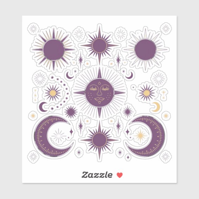 Gold & Purple Boho Celestial Sun & Moon Scrapbook Sticker (Sheet)